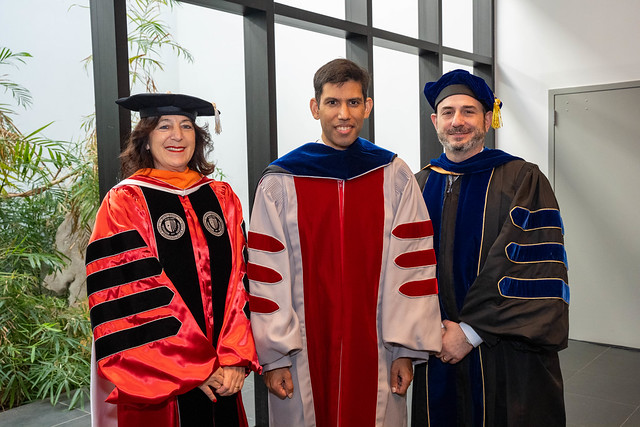 AI Innovation Institute Director Lav R. Varshney with President Andrea Goldsmith and Executive Vice President and Provost Carl Lejuez at 2025 Investiture Ceremony